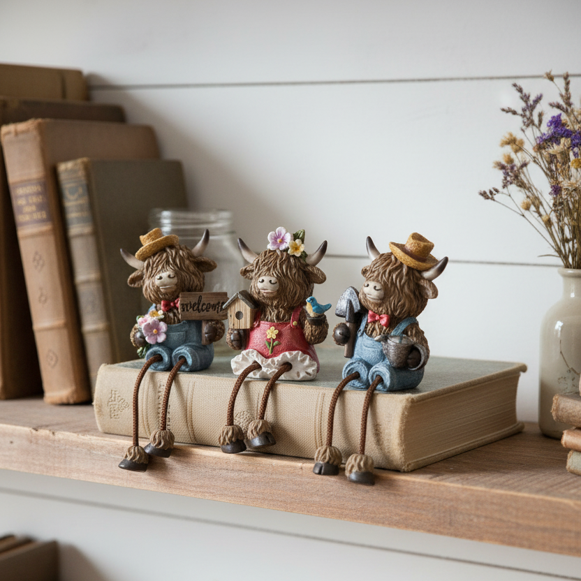 Highland Cow Shelf Sitter with Garden Accessory