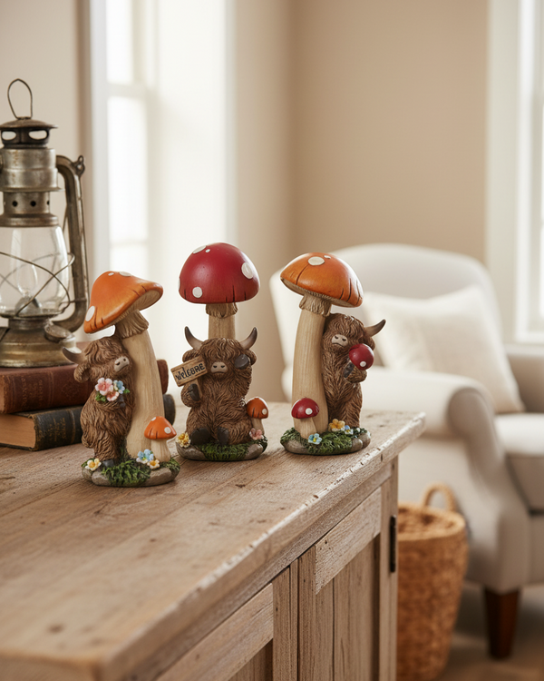 Highland Cow with Skinny Mushroom