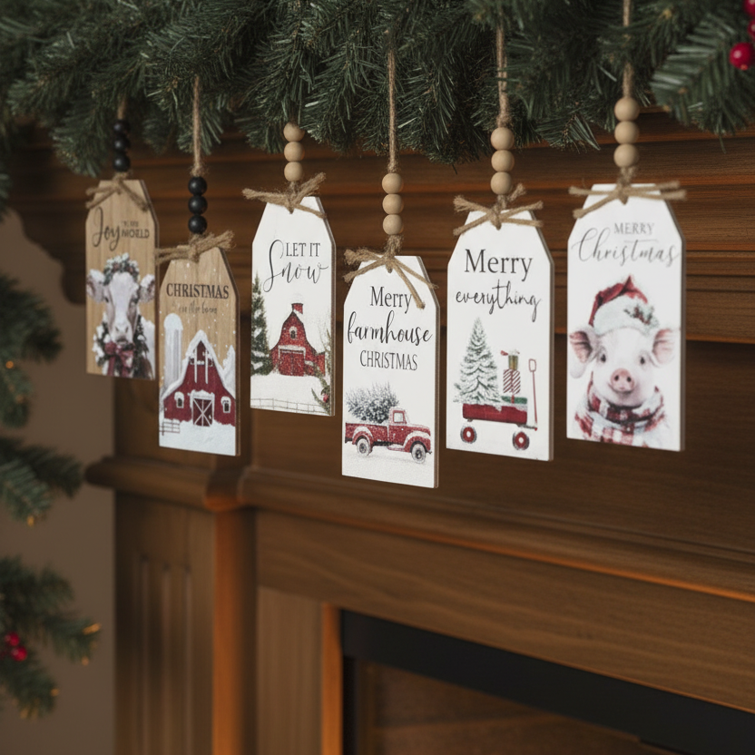 Wood Holiday Hanging Farm Tag Ornament