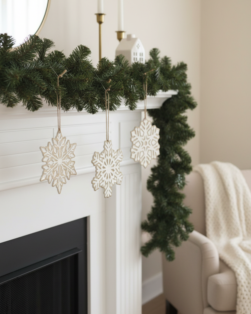 Wood Engraved Snowflake Ornament with Glitter