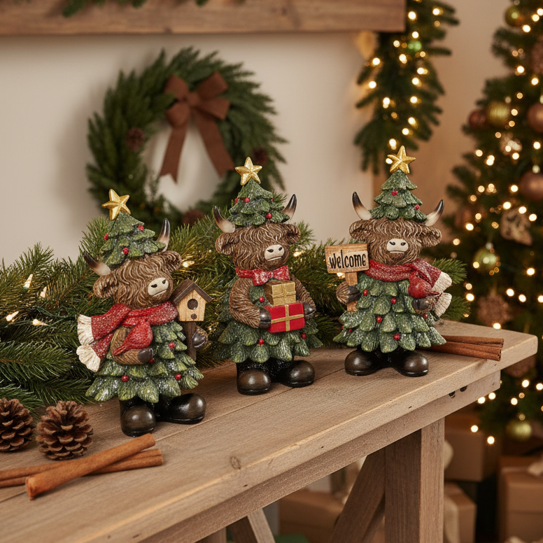 Holiday Highland Cow in Evergreen Dress