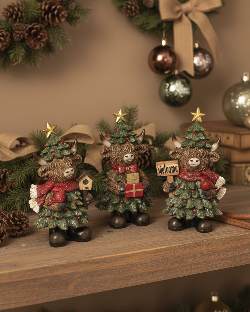 Holiday Highland Cow in Evergreen Dress
