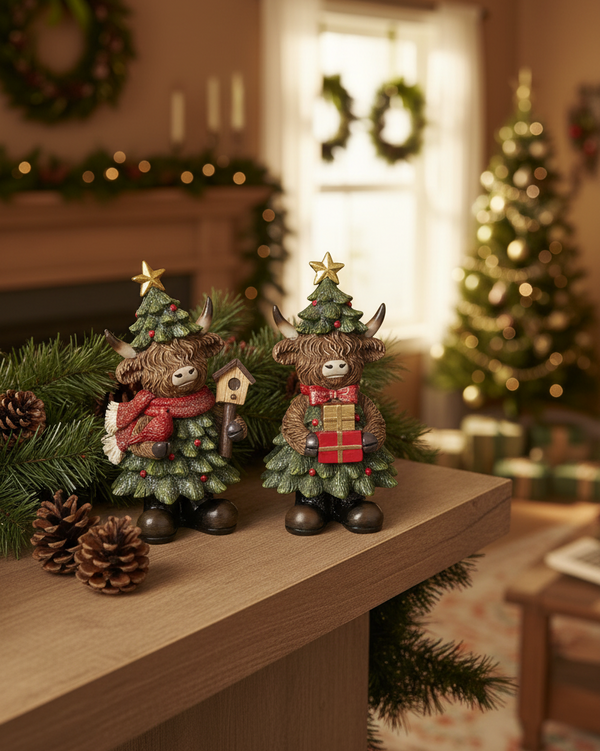 Holiday Highland Cow in Evergreen Dress