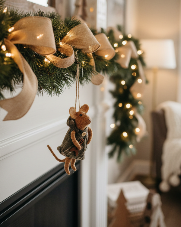 Wool Mouse in Plaid Coat With Gingerbread Ornament