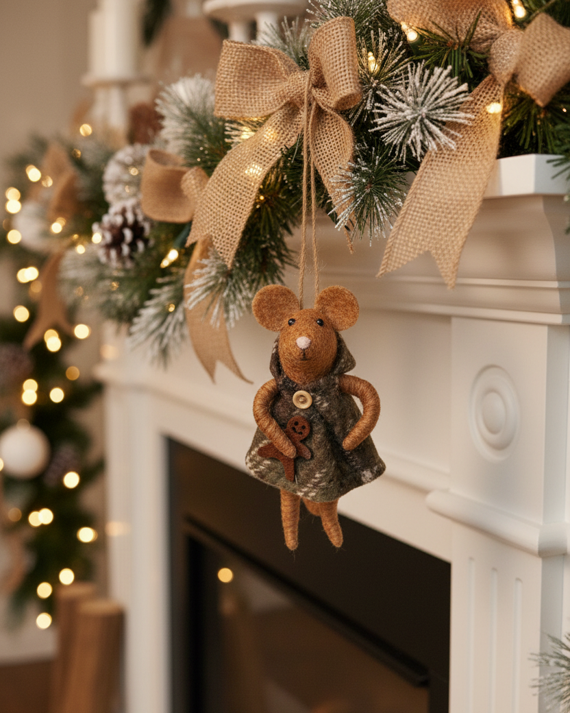 Wool Mouse in Plaid Coat With Gingerbread Ornament