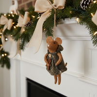 Wool Mouse in Plaid Coat With Gingerbread Ornament