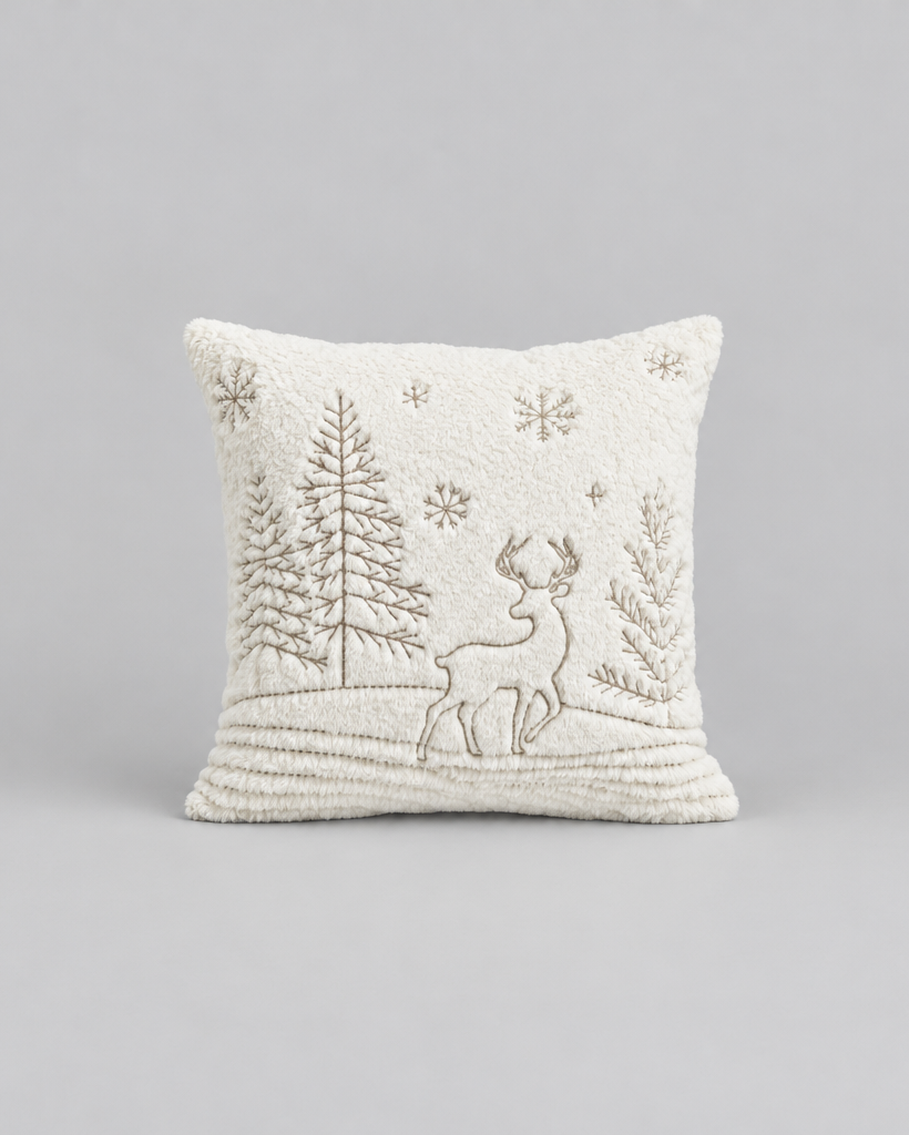 Embroidered Deer and Trees Faux Fur Throw Pillow