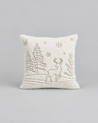 Embroidered Deer and Trees Faux Fur Throw Pillow