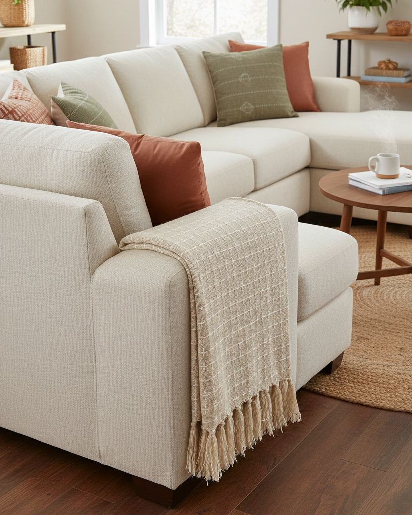 Natural Woven Cotton Throw with Fringes