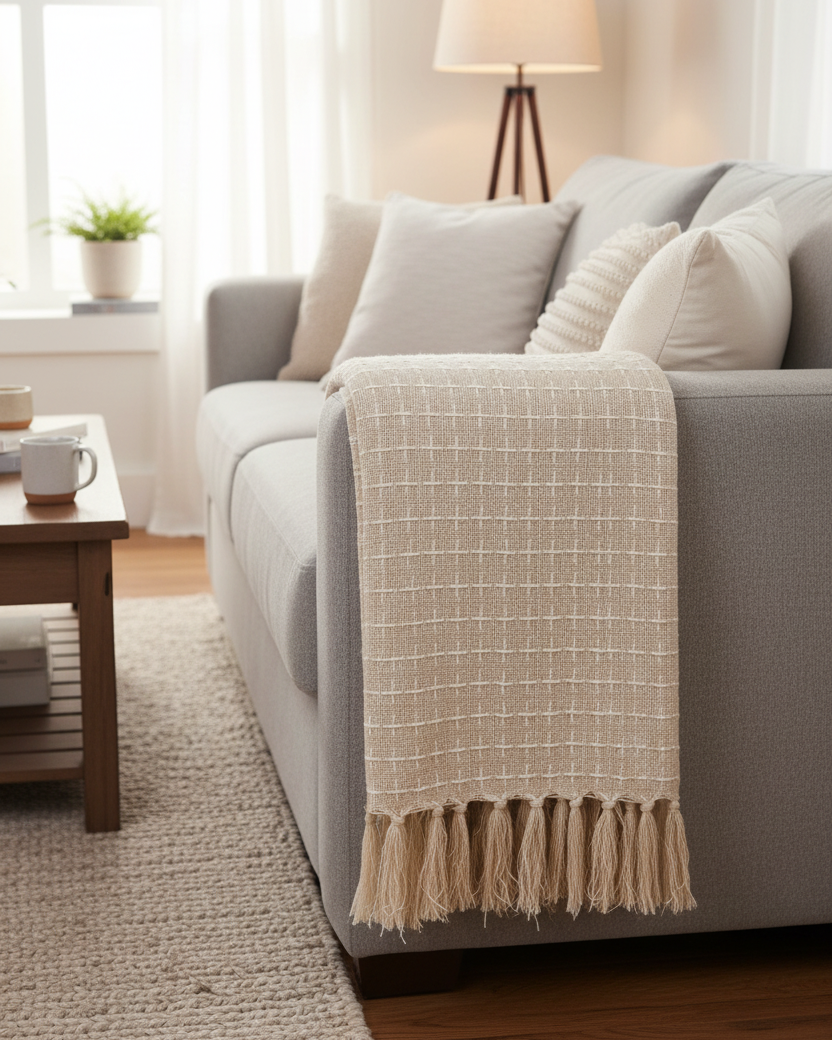 Natural Woven Cotton Throw with Fringes