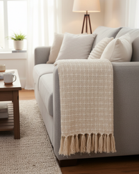 Natural Woven Cotton Throw with Fringes