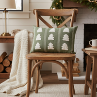 Green with Embroidered Trees Cotton Throw Pillow