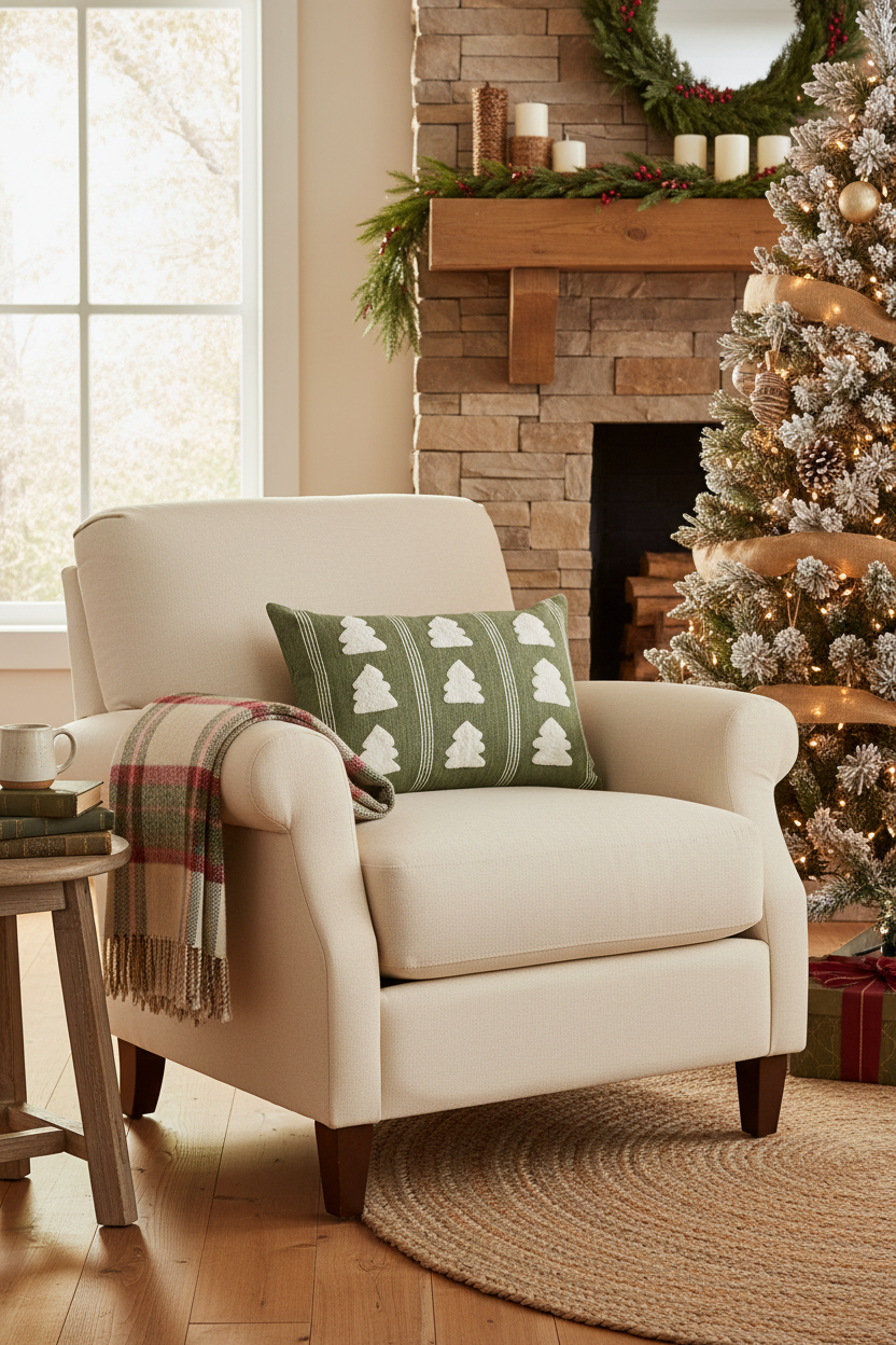 Green with Embroidered Trees Cotton Throw Pillow