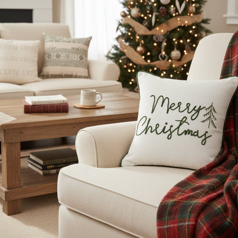 Merry Christmas Green Embroidered Cotton Throw Pillow