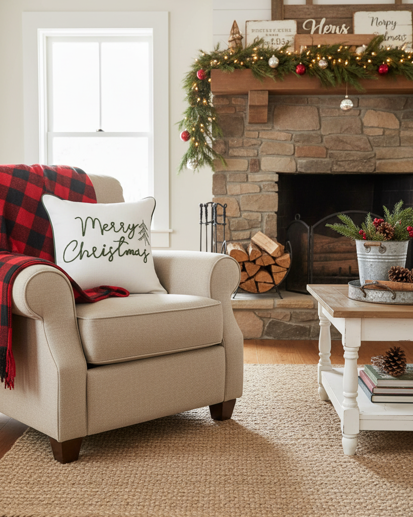 Merry Christmas Green Embroidered Cotton Throw Pillow