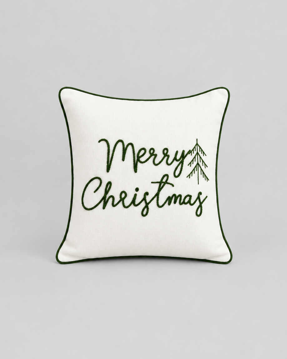 Merry Christmas Green Embroidered Cotton Throw Pillow