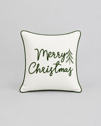 Merry Christmas Green Embroidered Cotton Throw Pillow