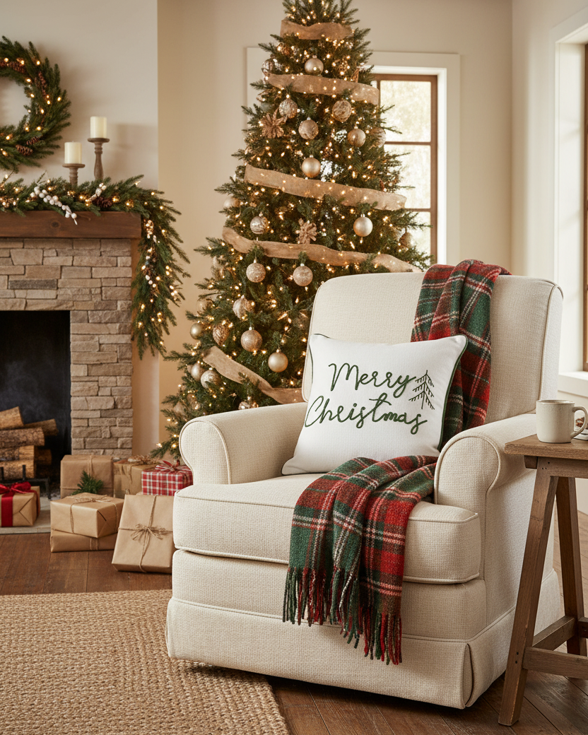 Merry Christmas Green Embroidered Cotton Throw Pillow