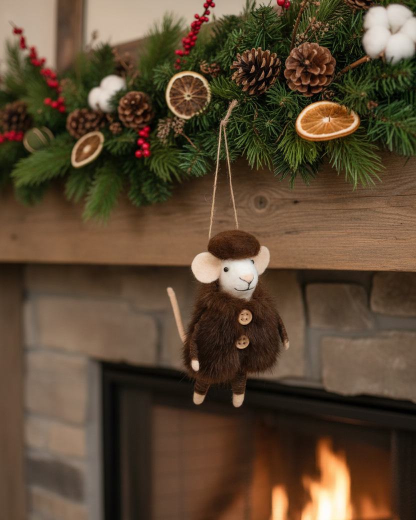 Wool Mouse in Fur Coat and Hat Ornament