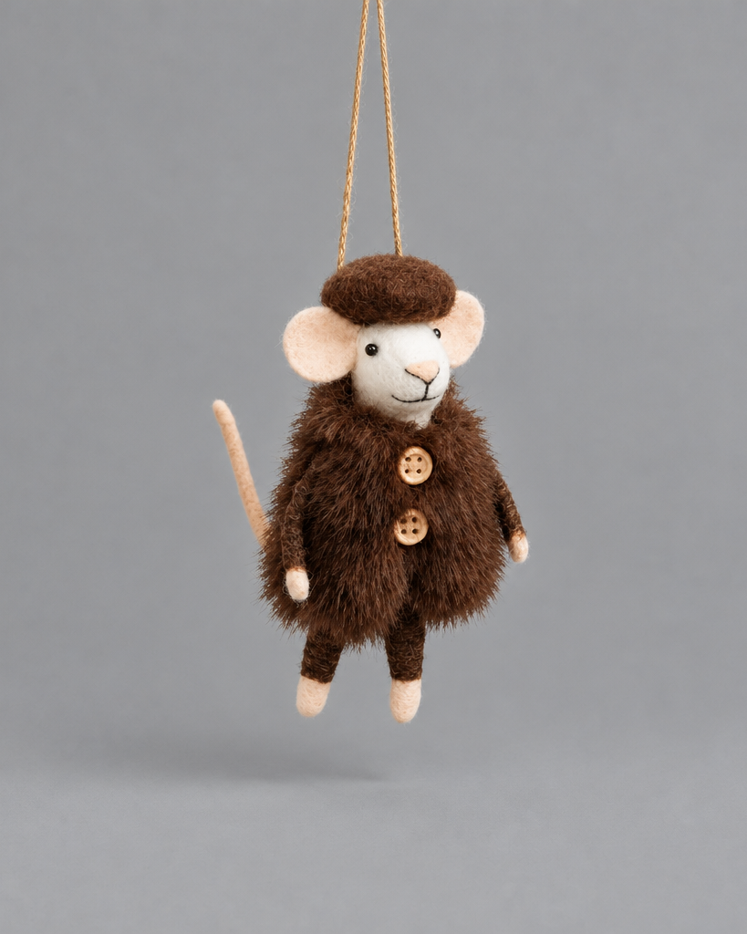 Wool Mouse in Fur Coat and Hat Ornament