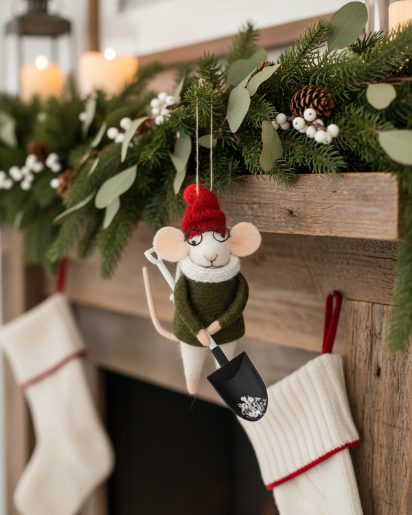 Wool Mouse With Shovel Ornament