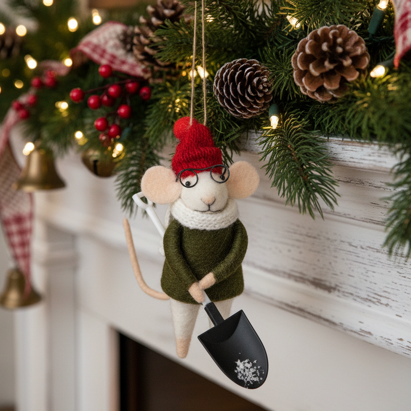 Wool Mouse With Shovel Ornament
