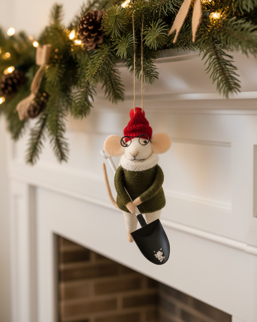 Wool Mouse With Shovel Ornament