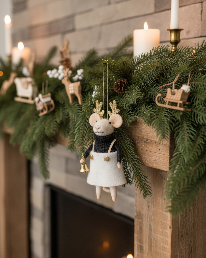 Wool Mouse With Gold Antlers Ornament