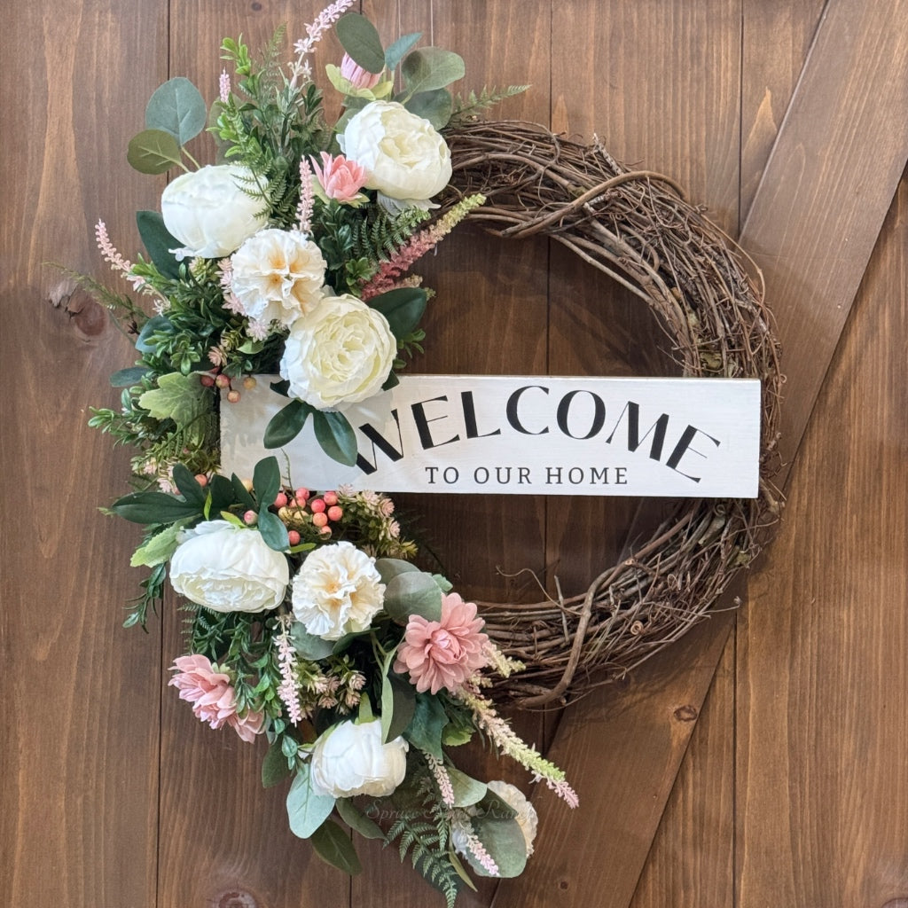 Welcome to Our Home White Peony and Pink Dahlia Wreath