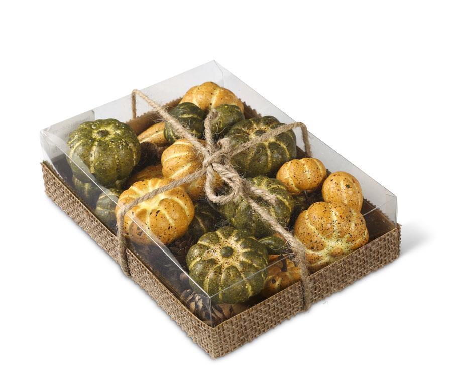 Box of Assorted Mini Green and Yellow Gourds and Pumpkins
