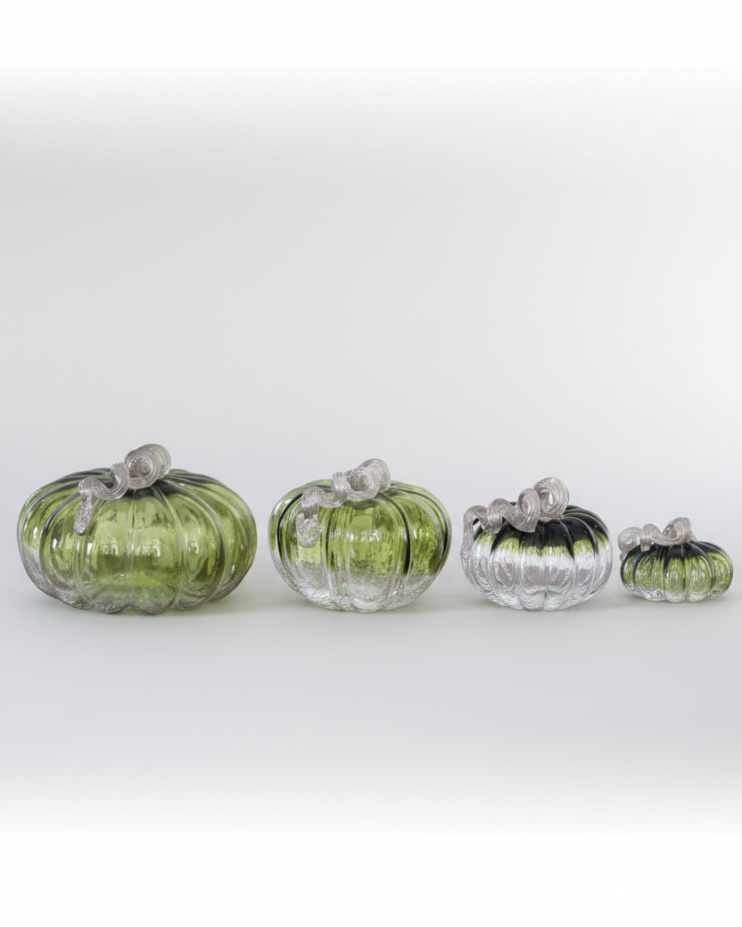 Green and Clear Crackled Handblown Glass Pumpkin Round