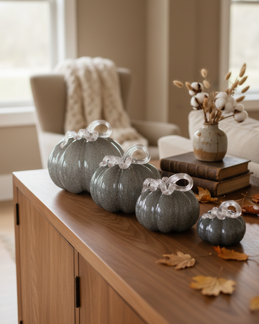 Grey Brown Handblown Glass Pumpkin Round