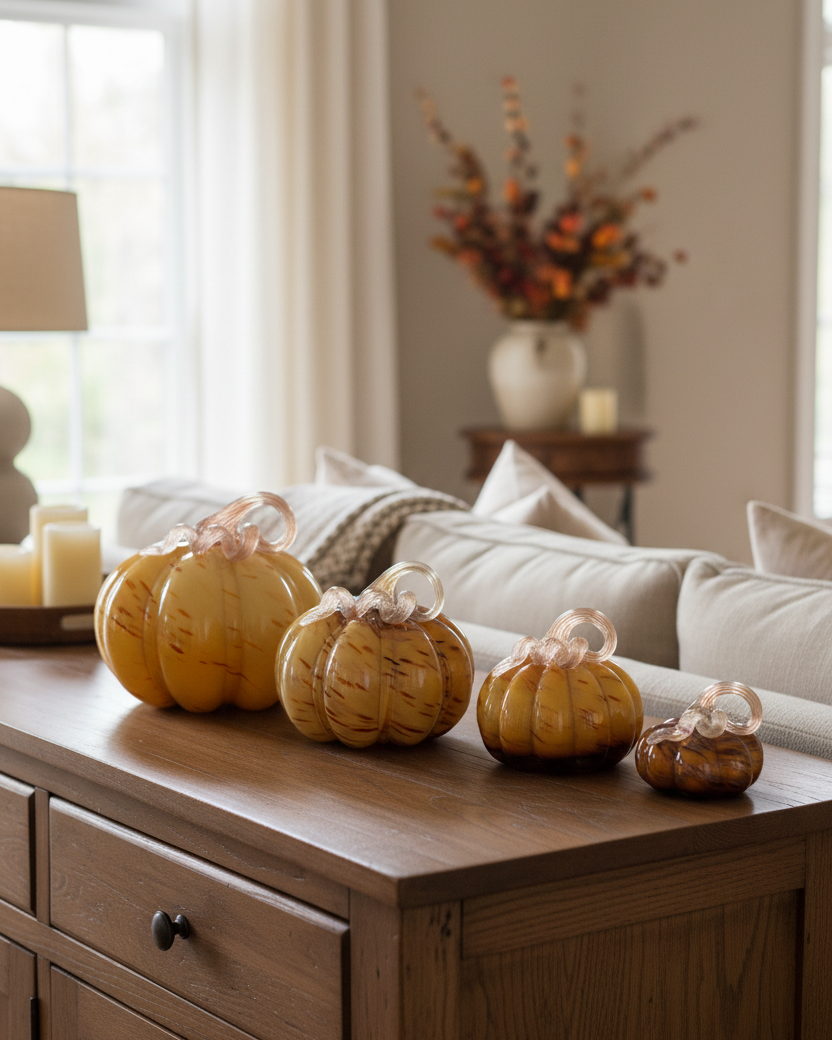 Caramel Swirl Handblown Glass Pumpkin Round