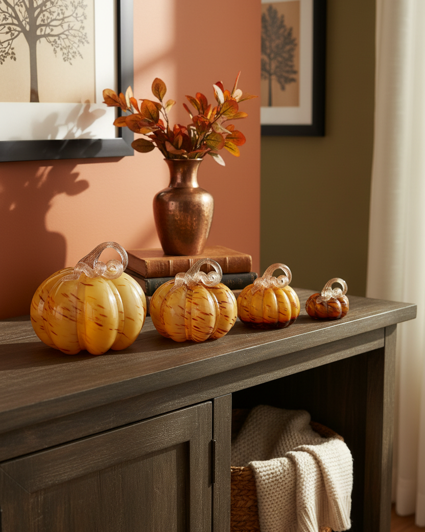 Caramel Swirl Handblown Glass Pumpkin Round