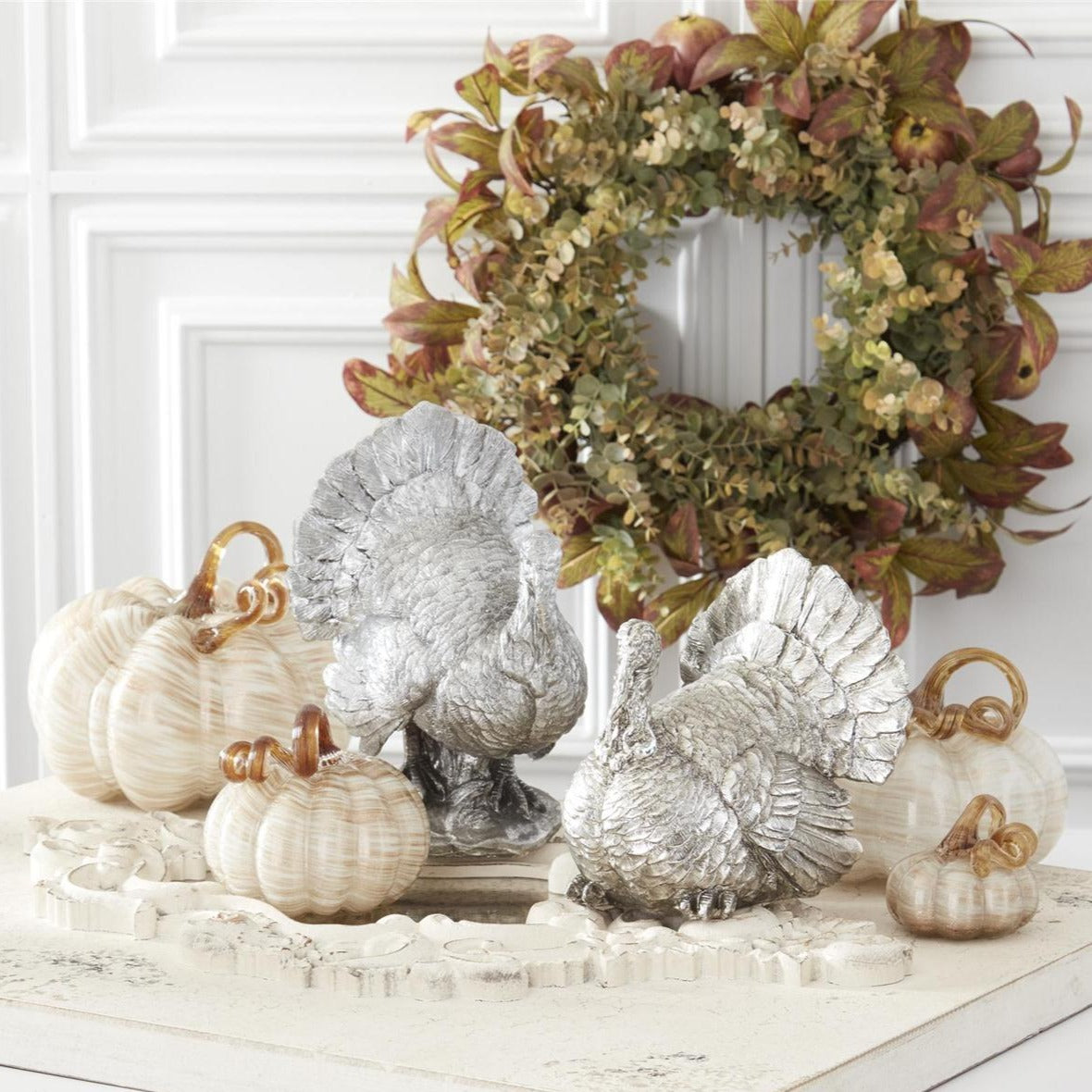 Cream and Gold Swirl Handblown Glass Pumpkin Round