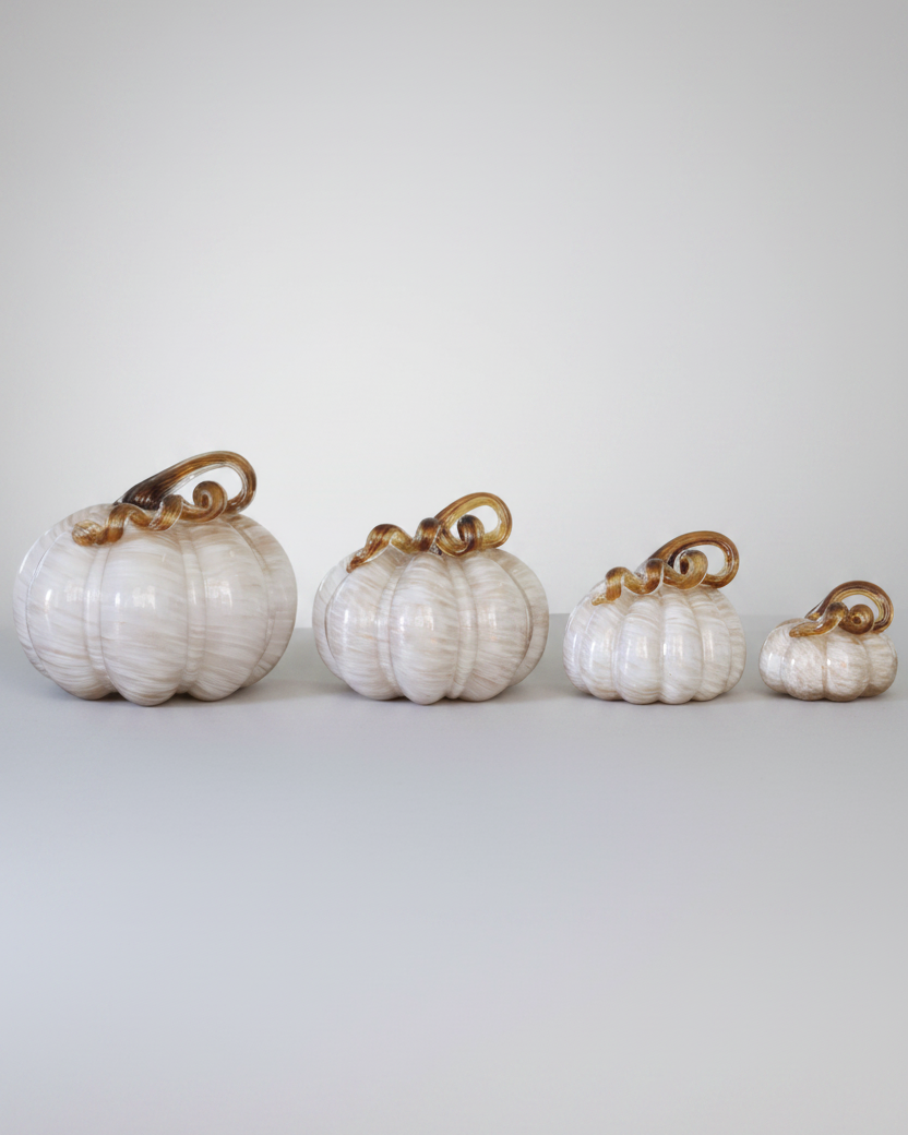 Cream and Gold Swirl Handblown Glass Pumpkin Round
