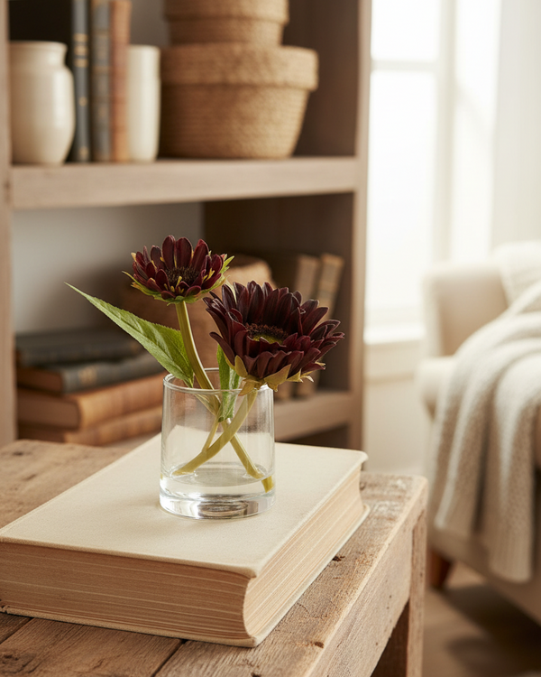 Sunflower in Vase With Faux Water Burgundy Real Touch