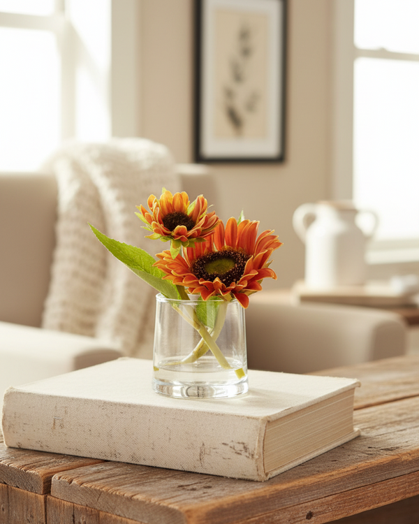 Sunflower in Vase With Faux Water Orange Real Touch