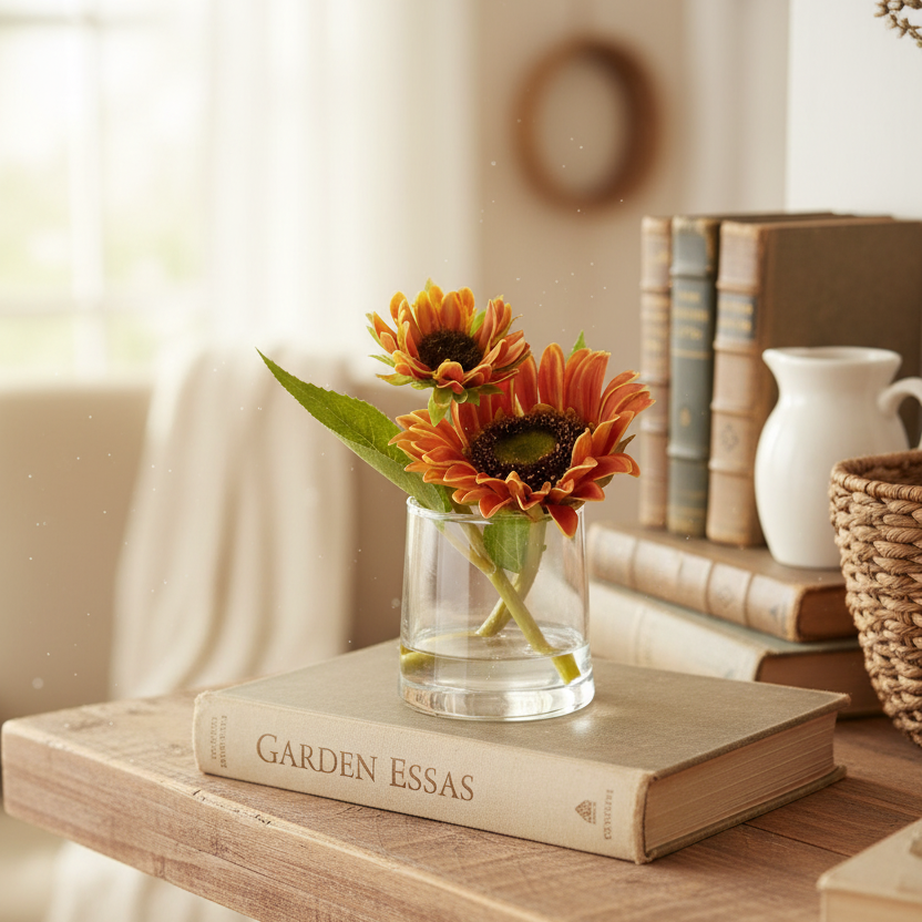 Sunflower in Vase With Faux Water Orange Real Touch