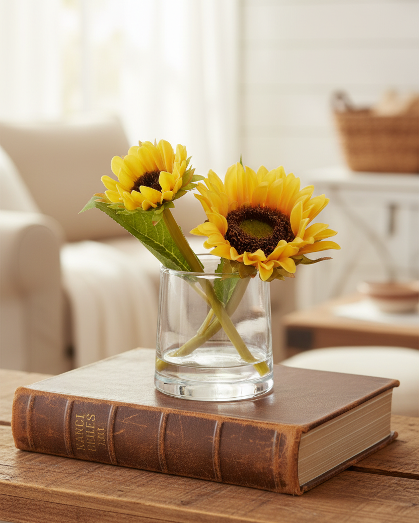 Sunflower in Vase With Faux Water Yellow Real Touch