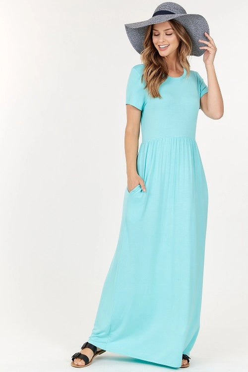 Short Sleeve Empire Waist Maxi Dress With Pockets