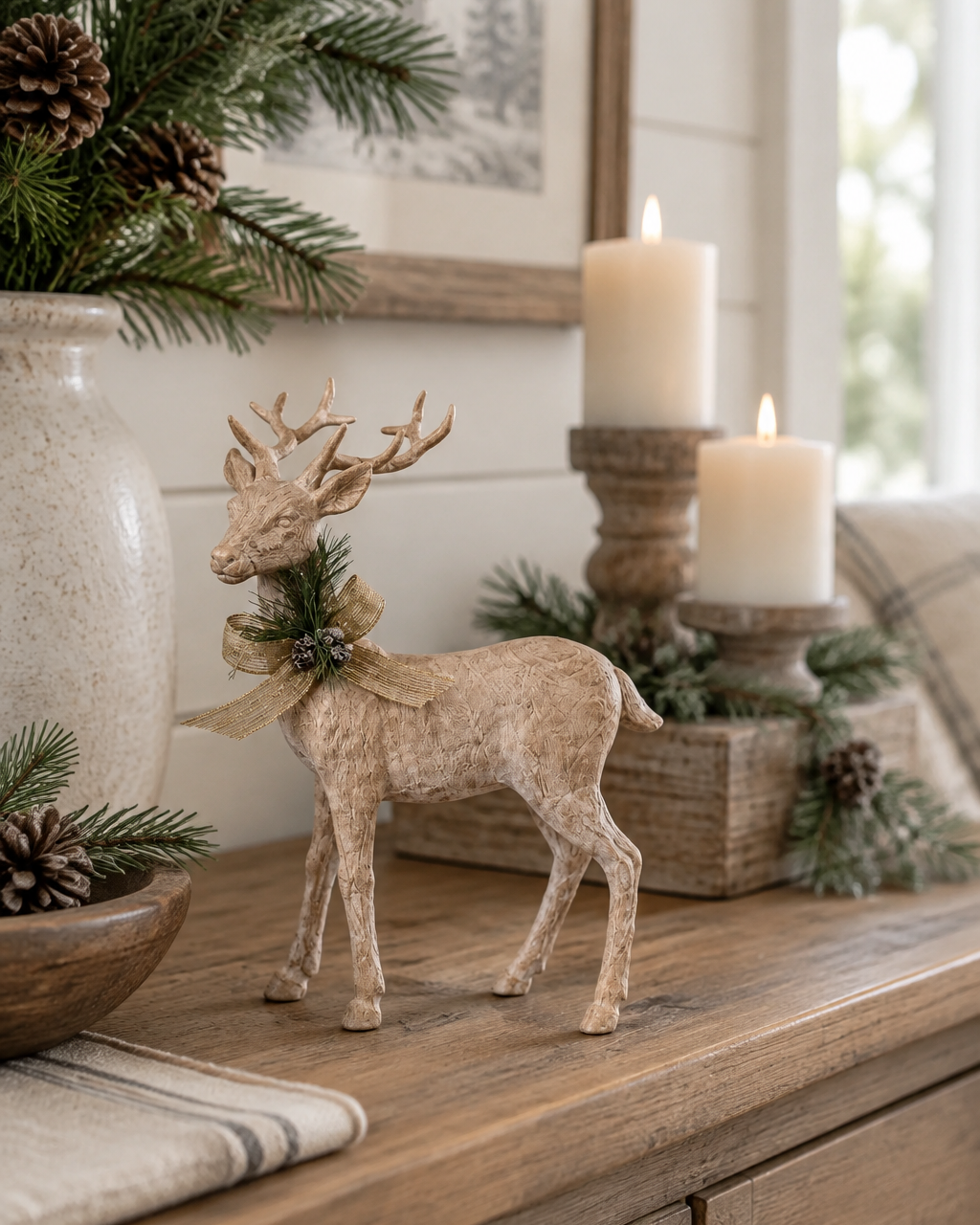 Natural Wood Look Resin Reindeer With Bow