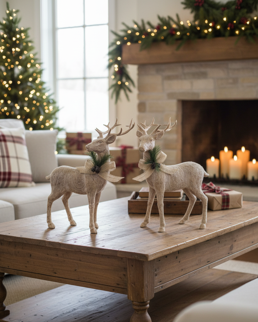 Natural Wood Look Resin Reindeer With Bow