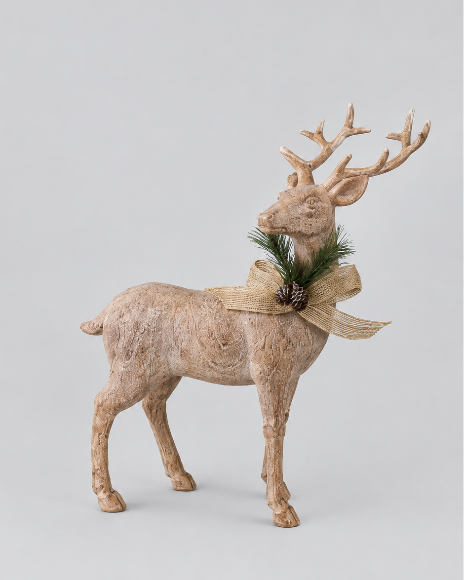 Natural Wood Look Resin Reindeer With Bow