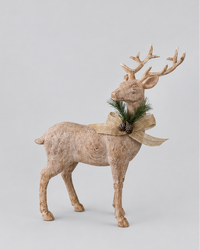 Natural Wood Look Resin Reindeer With Bow