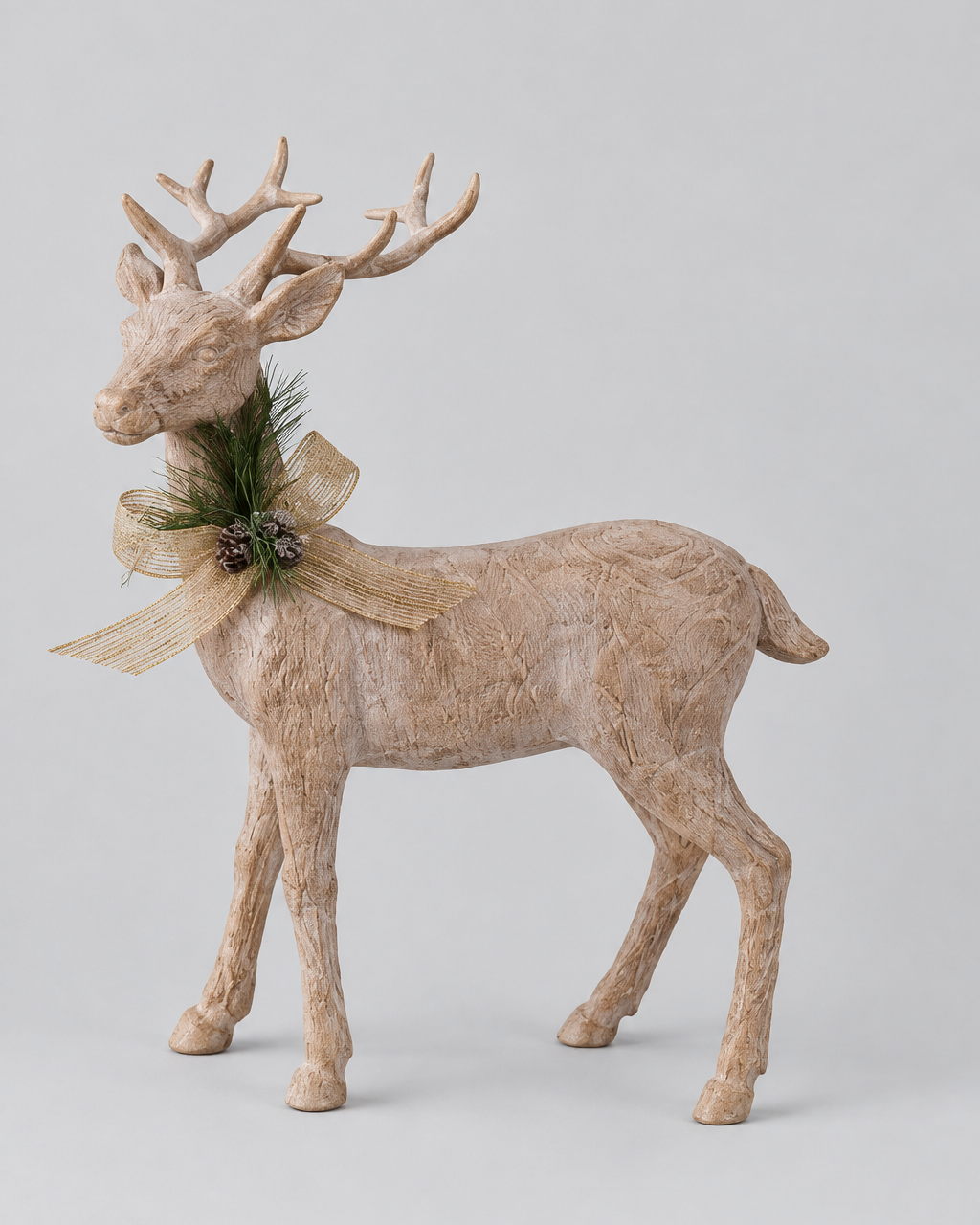 Natural Wood Look Resin Reindeer With Bow