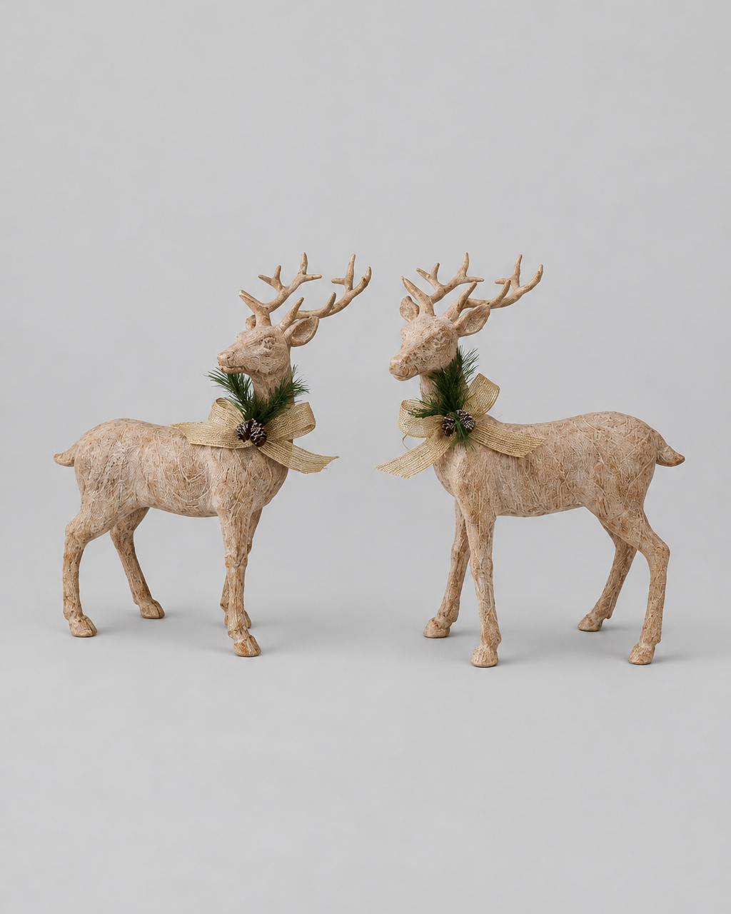 Natural Wood Look Resin Reindeer With Bow