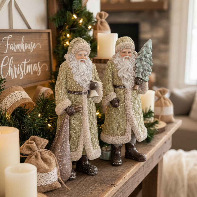 Glittered Resin Santa in Olive Green Coat