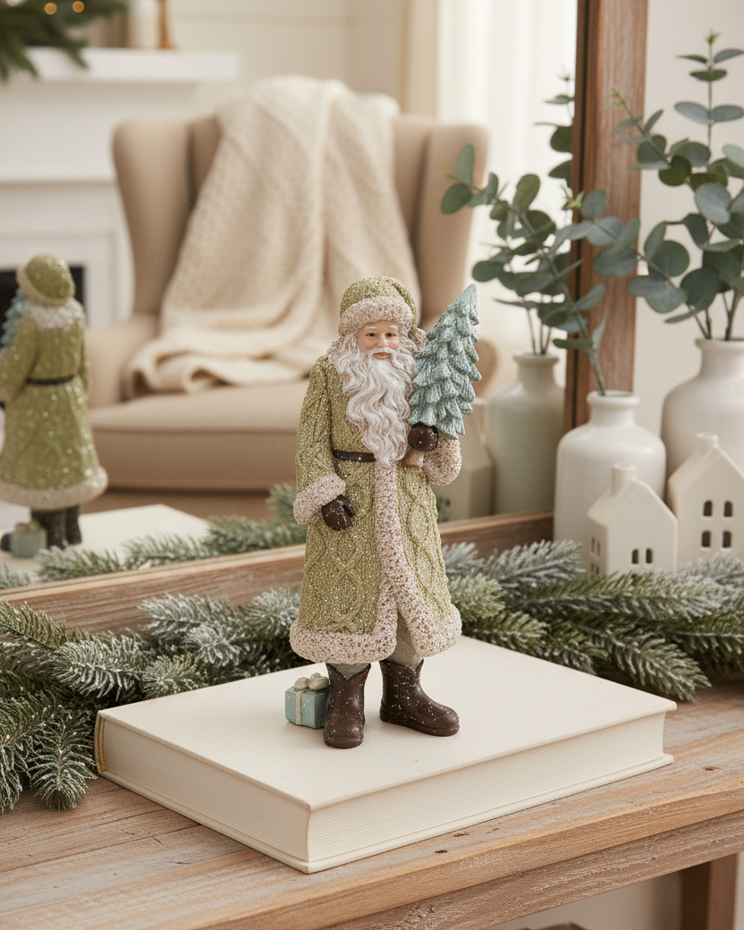 Glittered Resin Santa in Olive Green Coat