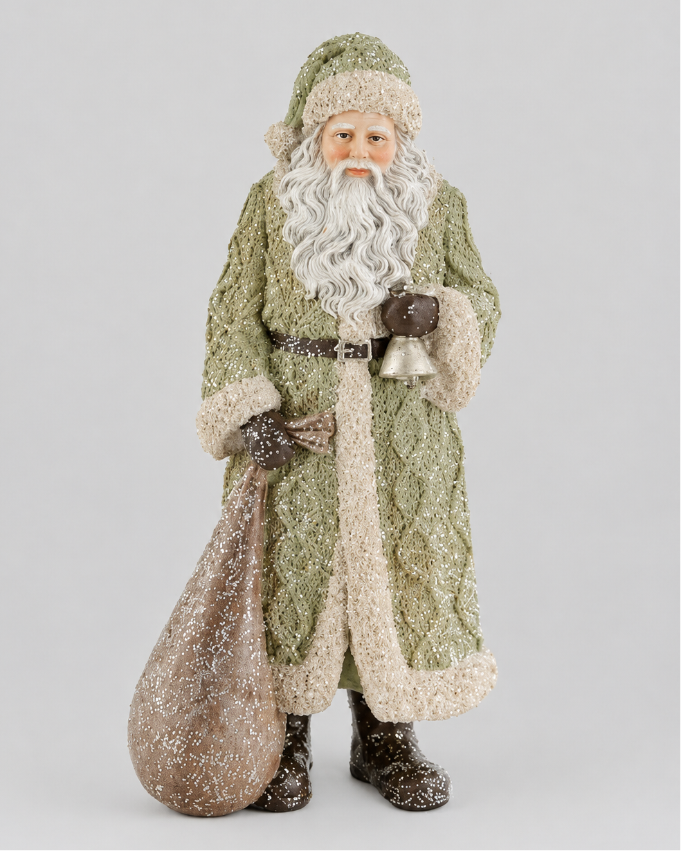 Glittered Resin Santa in Olive Green Coat
